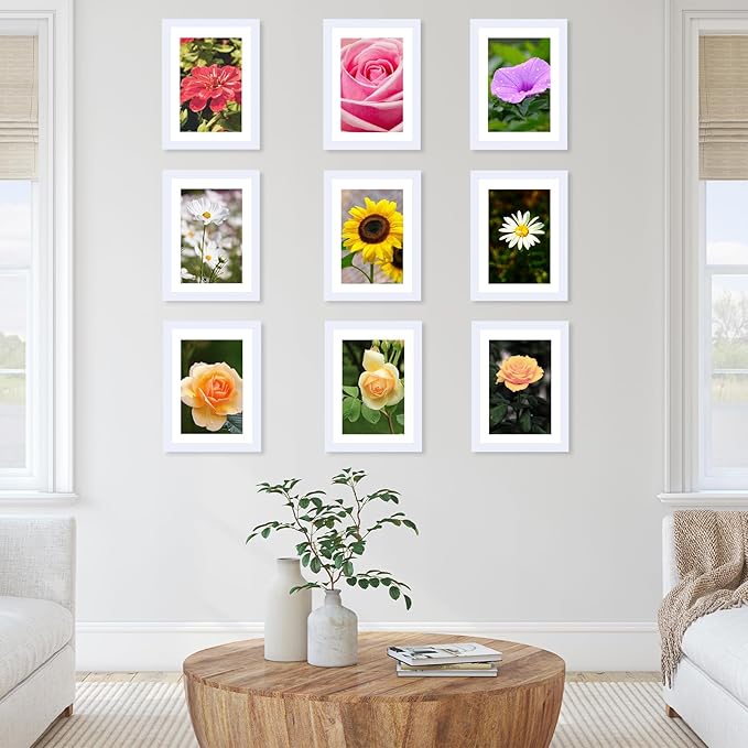JCJMY 10 Packs 5x7 Picture Frame Bulk, Display 4x6 with Mat or 5x7 Without Mat, White Gallery Frame Set, 5 by 7 Frames Bulk Set of 10, Collage Wall Decor Photo Frame Set for Wall and Tabletop, White