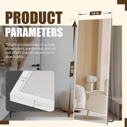 Antok Over The Door Mirror Full Length, 49'' x 14''Wall Mounted Hanging Mirror, Aluminum Alloy Frame, Shatterproof Glass, No Drill Installation for Bedroom, Closet, Bathroom, Dorm, Rect Corner,White