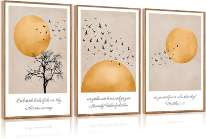 CHDITB Matthew 6:26 Look At The Birds Of The Air Framed Canvas Wall Art(24"x36"), 3 Panels Japandi Bible Verses Scripture Artwork Prints, Large Religious Christian Faith LDS Decor for Home Office Bedroom