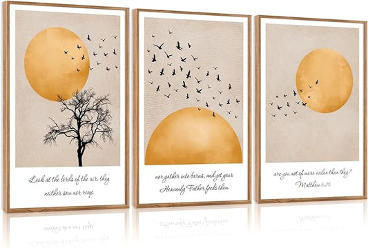 CHDITB Matthew 6:26 Look At The Birds Of The Air Framed Canvas Wall Art(16"x24"), 3 Panels Japandi Bible Verses Scripture Artwork Prints, Large Religious Christian Faith LDS Decor for Home Office Bedroom