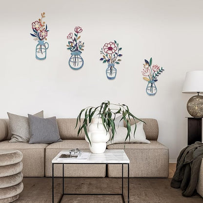 4PCS Metal Flowers Wall Arts Rustic Farmhouse Decor Minimalist Flower Wall Decors Metal Floral Wall Art for Living Room Bathroom Bedroom Dining Room (Multicolored)