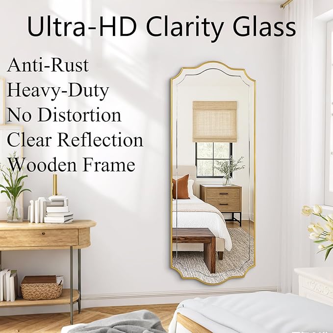 POZINO Gold Scalloped Mirror, 24"x47" Large Rectangle Aesthetic Wall Mirror with Wood Frame, Modern Elegant Wavy Mirrors for Living Room Bedroom Hallway Entryway, Horizontal or Vertical Hanging