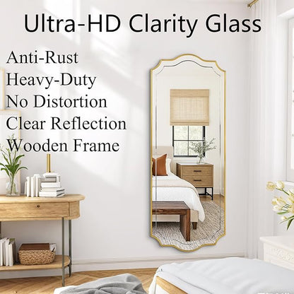 POZINO Gold Scalloped Mirror, 24"x47" Large Rectangle Aesthetic Wall Mirror with Wood Frame, Modern Elegant Wavy Mirrors for Living Room Bedroom Hallway Entryway, Horizontal or Vertical Hanging