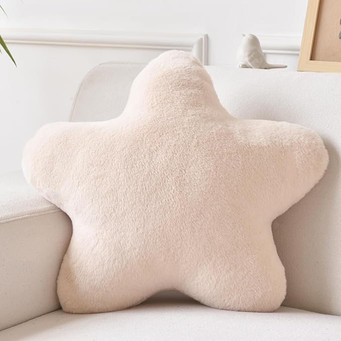 Star Pillow, Decorative Throw Pillows for Bed Couch, 15" Star Shaped Pillow Plush Floor Cushions Room Decor Pillow with Faux Rabbit Fur for Sofa Bedroom Living Room (Beige, 19.6" x 19.6")