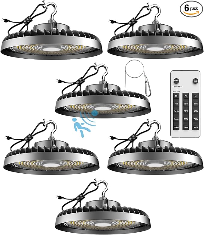 Lightdot 300W Smart LED High Bay Light 45000lm 5000K High Bay LED Shop Lights AC100-277V UFO High Bay Shop Lights with Remote Control Supports Normal Mode & Motion Mode-6Pack
