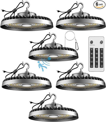 Lightdot 300W Smart LED High Bay Light 45000lm 5000K High Bay LED Shop Lights AC100-277V UFO High Bay Shop Lights with Remote Control Supports Normal Mode & Motion Mode-6Pack