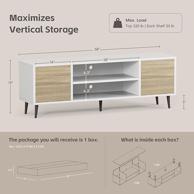 YESHOMY Modern TV Stand for 65 Inch TV, 58" Classic Entertainment Center with Storage Cabinets, Media Console for Living Room & Apartment, Minimalist Retro TV Cabinet, Bright White