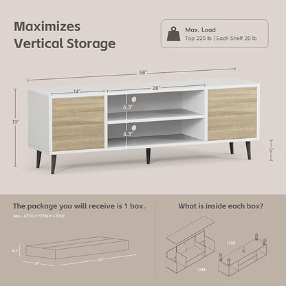 YESHOMY Modern TV Stand for 65 Inch TV, 58" Classic Entertainment Center with Storage Cabinets, Media Console for Living Room & Apartment, Minimalist Retro TV Cabinet, Bright White