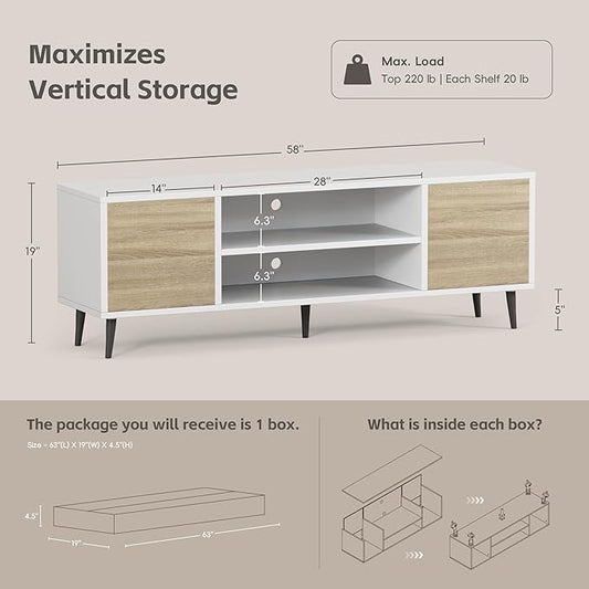 YESHOMY Modern TV Stand for 65 Inch TV, 58" Classic Entertainment Center with Storage Cabinets, Media Console for Living Room & Apartment, Minimalist Retro TV Cabinet, Bright White
