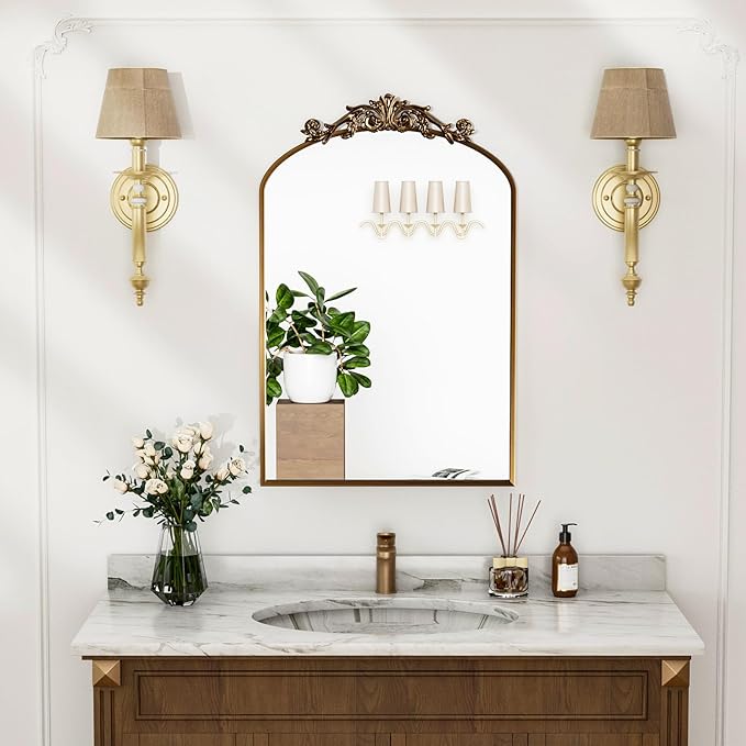 Traditional Vintage Gold Mirror, Antique Arched Mirror, Bronze Decor Wall Mirrors, Large Baroque Mirror with Aluminum Frame, Ornate Mirrors for Bathroom, Living Room, Fireplace (36"x24")