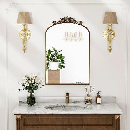 Traditional Vintage Gold Mirror, Antique Arched Mirror, Bronze Decor Wall Mirrors, Large Baroque Mirror with Aluminum Frame, Ornate Mirrors for Bathroom, Living Room, Fireplace (36"x24")