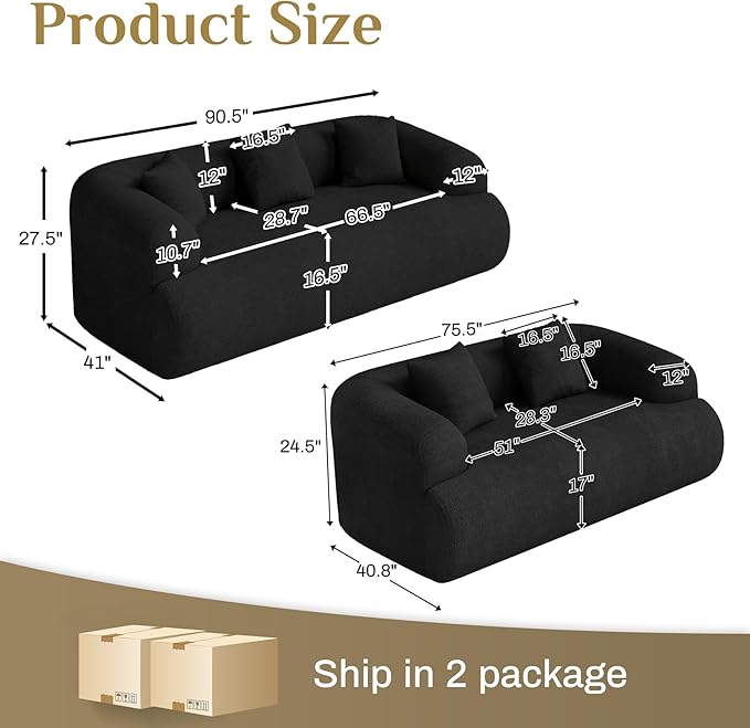 Boneless Couch Set, 91" + 75'' Cloud Couch Set, Chenille Curved Sofa, Modern Compression Sofa for Living Room, Bedroom and Apartment, No Assembly Required, Black