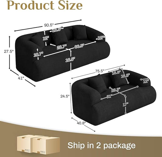 Boneless Couch Set, 91" + 75'' Cloud Couch Set, Chenille Curved Sofa, Modern Compression Sofa for Living Room, Bedroom and Apartment, No Assembly Required, Black