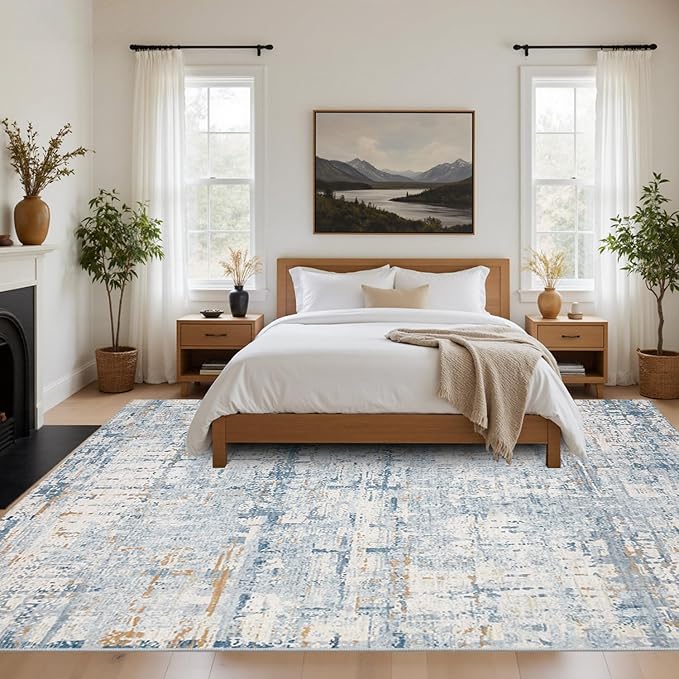 Rugxara Blue 8x10 Area Rugs,Large Soft Rugs for Living Room, Blue Washable Rug, Modern Abstract Rugs for Bedroom Dining Room, Non-Slip Foldable Thin Indoor Carpet Stain Resistant(Blue Beige)
