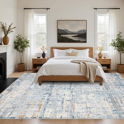 Rugxara Blue 8x10 Area Rugs,Large Soft Rugs for Living Room, Blue Washable Rug, Modern Abstract Rugs for Bedroom Dining Room, Non-Slip Foldable Thin Indoor Carpet Stain Resistant(Blue Beige)
