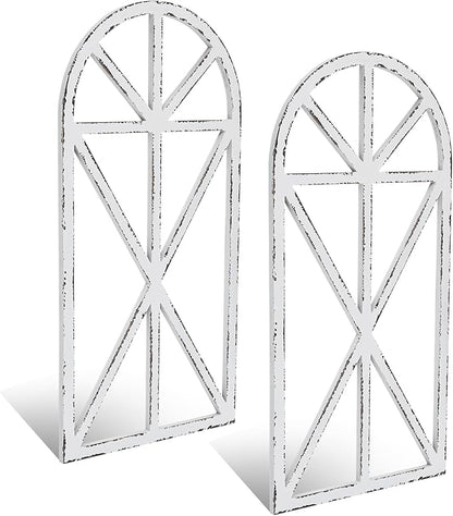 SwallowLiving Set of 2 Large Farmhouse Window Frame Wall Decor, 16x32 Inch Rustic Cathedral Arch Wood Wall Art, Distressed White Faux Church Window Frames for Living Room, Bedroom Entryway (NO WREATH)