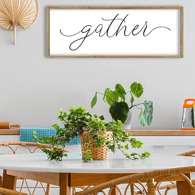 FZMHASLWW Gather Sign Wall Decor 40"×15" Large Wooden Framed for Dining Room Simple Home Kitchen Hanging Art (Wood)