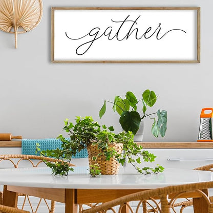 FZMHASLWW Gather Sign Wall Decor 40"×15" Large Wooden Framed for Dining Room Simple Home Kitchen Hanging Art (Wood)