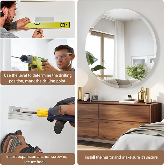 28 Inch Round Frameless Bathroom Mirror, Beveled Round Mirror, Circle Vanity Mirror with 1" Beveled Edge for Bathroom, Entryways, Living Room