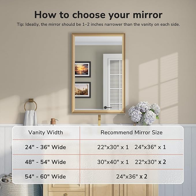 USHOWER 2 Pack Brushed Gold Bathroom Mirrors for Over Sink 24x36 Inch, Metal Framed Rectangle Vanity Mirror for Wall, Bedroom, Living Room, Entryway, Anti-Rust, HD Tempered Glass, Horizontal/Vertical