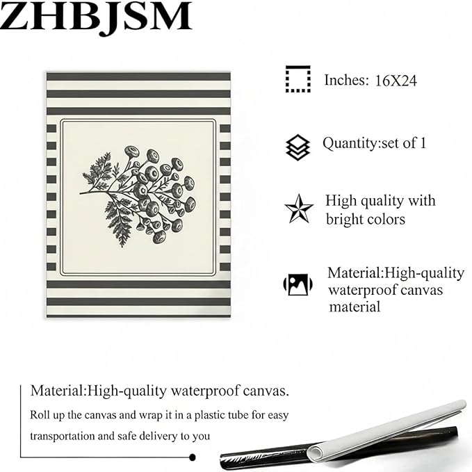 ZHBJSM Vintage Botanical Wall Art Black and White Line Print Retro Striped Background Minimalist Farmhouse Chic Decor for Bedroom Living Room Office 16x24 Inch Unframed