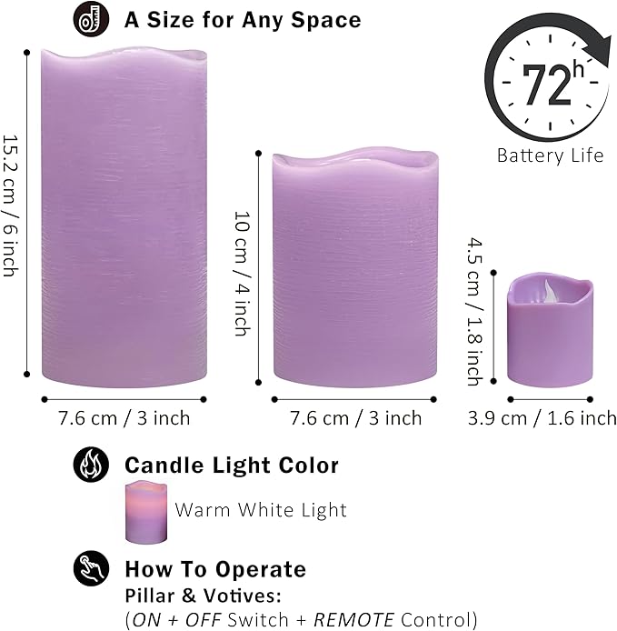 FURORA LIGHTING Purple Flameless Candles - Real Wax, Adjustable Brightness, Remote & Timer - 4 Pillars (3x4, 3x6) and 4 Votives, 8-Pack, Battery Operated