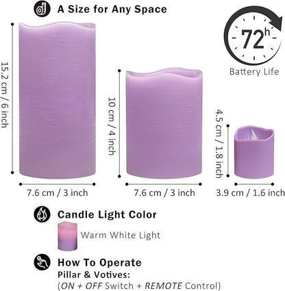 FURORA LIGHTING Purple Flameless Candles - Real Wax, Adjustable Brightness, Remote & Timer - 4 Pillars (3x4, 3x6) and 4 Votives, 8-Pack, Battery Operated
