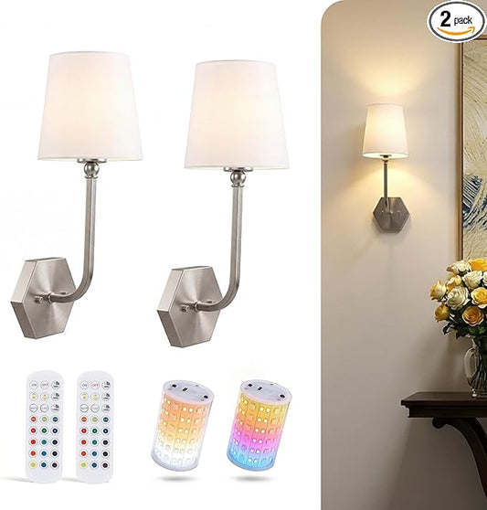 CLOUDY BAY 10000mAh Battery Operated Wall Sconces,Up to 100 Hours with Rechargeable RGB Dimmable Magnetic Bulb,Cordless Wall Lighting Fixtures with Remote for Bedroom,Brushed Nickel,2 Pack-17.9inch