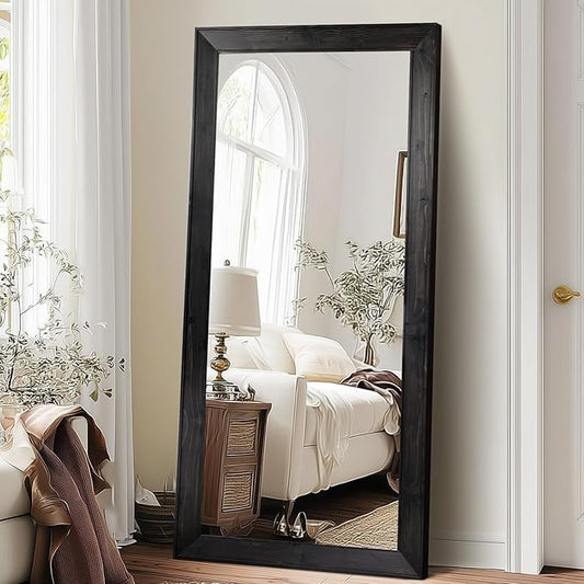 Oversized Black Full Length Mirror 71"x32" - Beveled Solid Wood Frame Wall Mounted or Leaning - Modern Minimalist Dressing Mirror