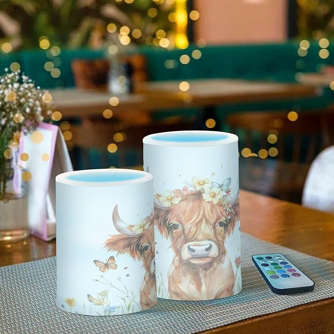 ALAZA Kawaii Highland Cow Butterflies Flickering Flameless Candles Battery Operated with Remote Timer,Tea Light Candles LED Pillar Votive Candles Set of 2 for Outdoor Indoor Decorations
