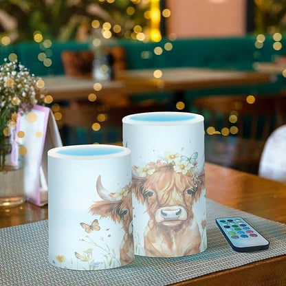 ALAZA Kawaii Highland Cow Butterflies Flickering Flameless Candles Battery Operated with Remote Timer,Tea Light Candles LED Pillar Votive Candles Set of 2 for Outdoor Indoor Decorations