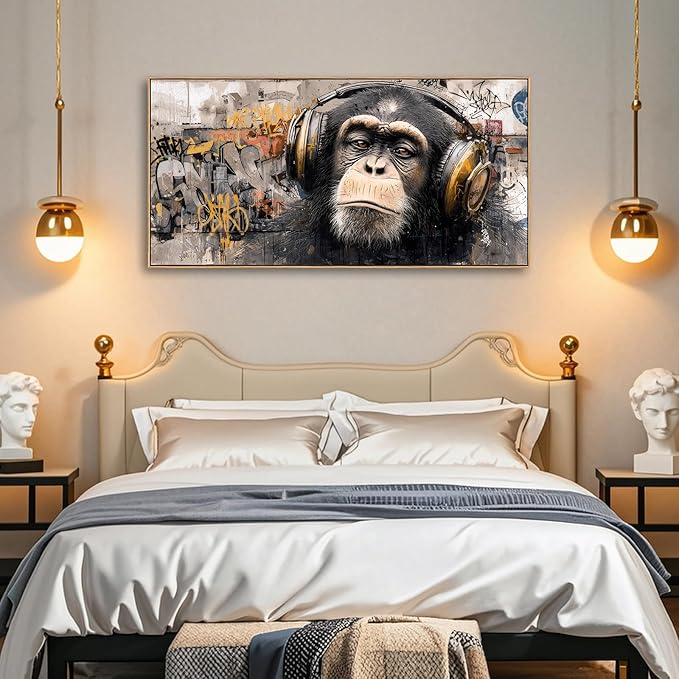 Sorbrozo DJ Gorilla Canvas Wall Art - Vibrant Street Graffiti Painting with Headphones Modern Animal Artwork for Music Lovers Boys Bedroom & Man Cave Decor 20x40in