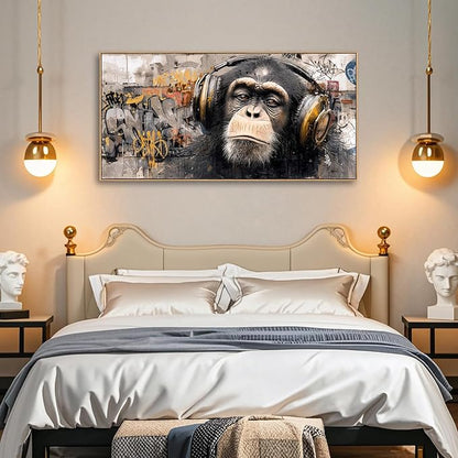 Sorbrozo DJ Gorilla Canvas Wall Art - Vibrant Street Graffiti Painting with Headphones Modern Animal Artwork for Music Lovers Boys Bedroom & Man Cave Decor 20x40in