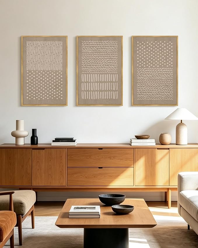 PHOPAGO Boho Mid-Century Modern Framed Wall Art Large 16x24in Minimalist Geometric Neutral Wall Decor Bohemain Artwork Home Office Dining Room Decor - Natural Framed