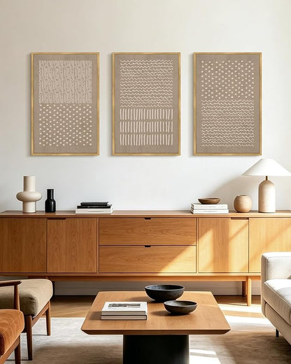 PHOPAGO Boho Mid-Century Modern Framed Wall Art Large 16x24in Minimalist Geometric Neutral Wall Decor Bohemain Artwork Home Office Dining Room Decor - Natural Framed