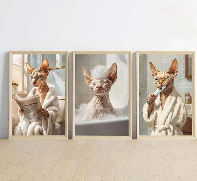 3pcs Funny Bathroom Cat Canvas Wall Art Sphynx Cat Posters Prints Paintings Eclectic Animal Bathroom Wall Decor Pictures for Restroom Toilet Home Decoration Unframed