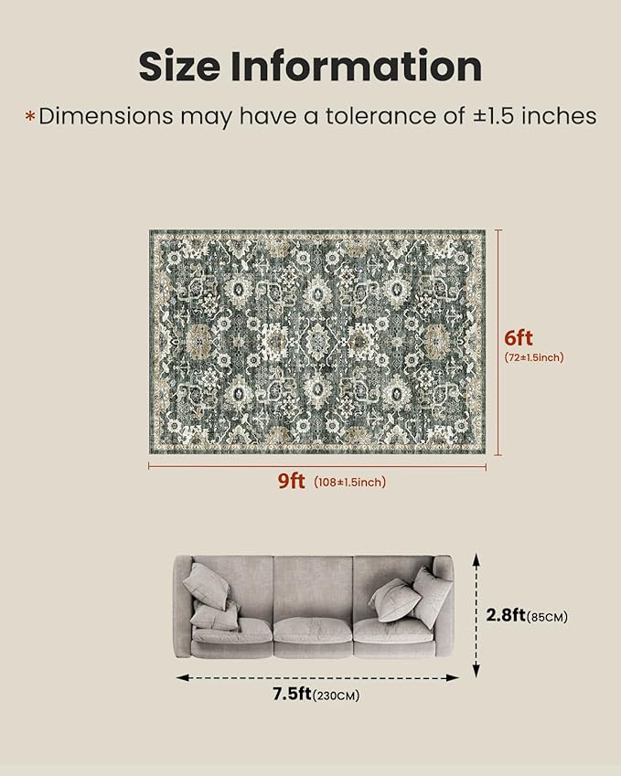 AMADA HOMEFURNISHING 6x9 Area Rugs, Blue Low-Profile Washable Rug with Non-Slip Backing & Durable Edge Binding, Vintage Rugs for Living Room, Bedroom, Dining Room