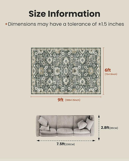 AMADA HOMEFURNISHING 6x9 Area Rugs, Blue Low-Profile Washable Rug with Non-Slip Backing & Durable Edge Binding, Vintage Rugs for Living Room, Bedroom, Dining Room