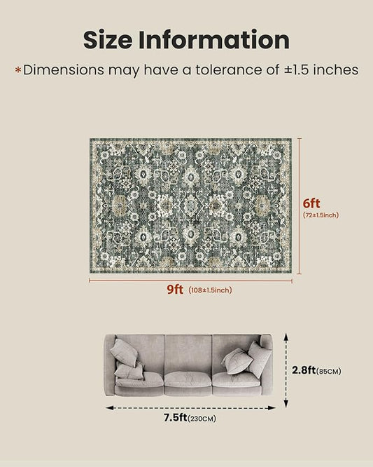 AMADA HOMEFURNISHING 6x9 Area Rugs, Blue Low-Profile Washable Rug with Non-Slip Backing & Durable Edge Binding, Vintage Rugs for Living Room, Bedroom, Dining Room