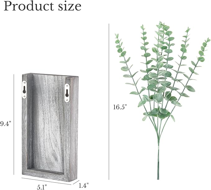 Dahey 2 Pack Wood Wall Planter Vase with Artificial Eucalyptus Farmhouse Wall Hanging Decor Pocket Planter for Indoor Fake Plants Greenery, Living Room Bedroom Kitchen Home Office Decoration, Grey