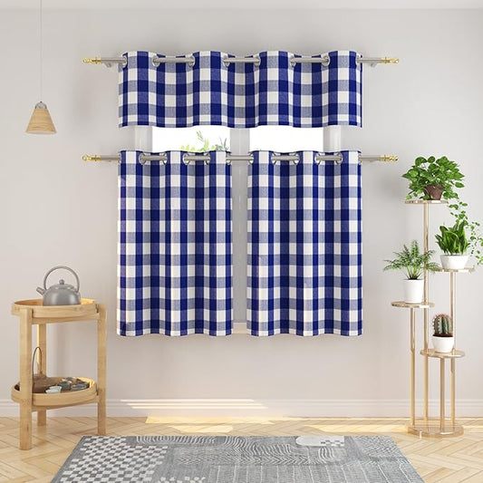 3 Pc Cotton Classic Country Farmhouse Kitchen Window Curtain Grommet Top -Navy Blue & White Buffalo Check Tier & Valance Set, 54" x 18" / 32" x 36"