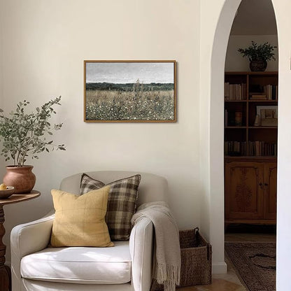 OIQArtOIQ Vintage Framed Wall Art Wildflower Field Meadow Canvas Art Prints Rustic Farmhouse Landscape Pictures Wall Decor Modern Cottagecore Paintings Artwork For Bedroom Bathroom Office Living Room
