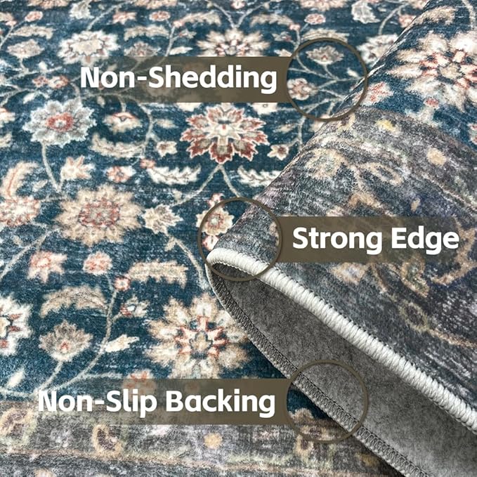 8x10 Area Rugs Green Washable Rug for Living Room, Dining Room, Bedroom, Large Carpets, Non Slip & Non-Shedding Low Pile Vintage Print Rug for Home Office Decor