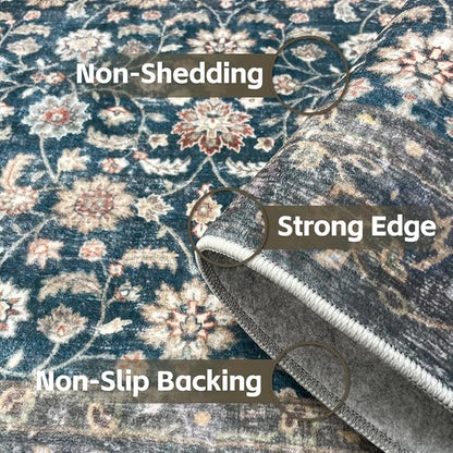 5x7 Area Rugs Green Washable Rug for Living Room, Dining Room, Bedroom, Large Carpets, Non Slip & Non-Shedding Low Pile Vintage Print Rug for Home Office Decor