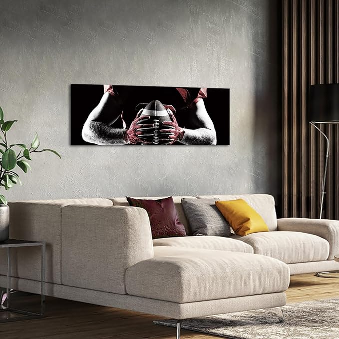 KREATIVE ARTS 20x55 American Football Rugby Canvas Wall Art: Black, White & Red Sports Painting Poster, Framed Gym Picture Print for Home Office, Men Cave Decor, Sport Fan Gift