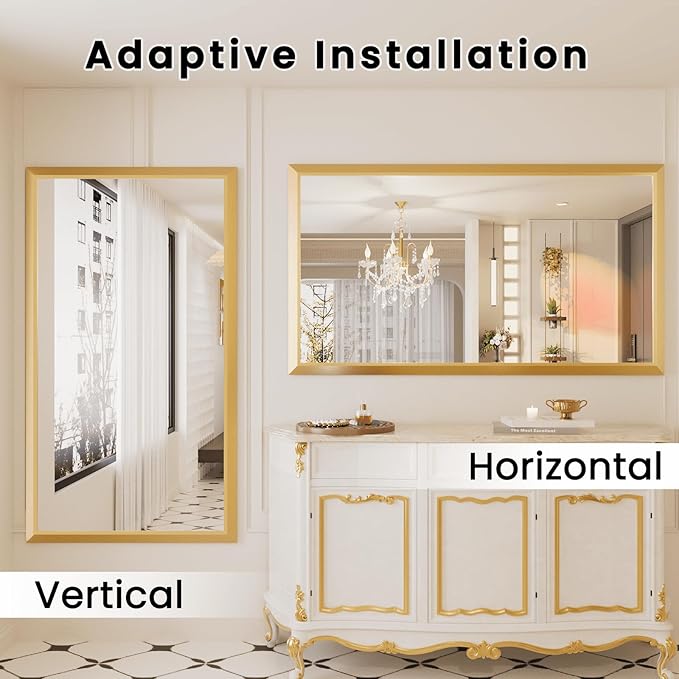 Amorho 50x36 Inch Bathroom Mirror, Gold Thick Metal Framed Wall Mirrors for Over Sink, Wall-Mounted Mirrors Perfect for Bedroom, Living Room, Entryway, Rectangle (Horizontal/Vertical).