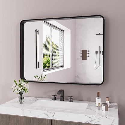 JISOSO Black Bathroom Mirror 40X30 Inch, Black Metal Framed Mirror for Wall, Rounded Rectangle Matte Bathroom Vanity Mirror with Tempered Glass, Anti-Rust, Horizontal/Vertical