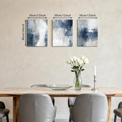 WENGTIAO 3 Pcs Navy Blue Abstract Canvas Wall Art Prints Modern Minimalist Blue Gray Artwork for Walls Framed White Neutral Poster Paintings Decor for Living Room Bedroom Bathroom Office 12x16x3Pcs