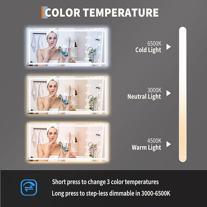 60x30 LED Bathroom Mirror with Lights, Frameless Wall Mounted Vanity Mirror with Front & Backlight, 3-Color Touch Switch, 1.8M Power Cord, Dimmable, for Bathroom