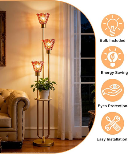 3-Light Modern Glass Floor Lamp with Shelf, Gold Tall Standing Lamp with Deep Red Flower Glass Shade, LED Floor Lamp with Foot Switch& 5Lbs Heavy Base for Living Room Bedroom, Bulb Included